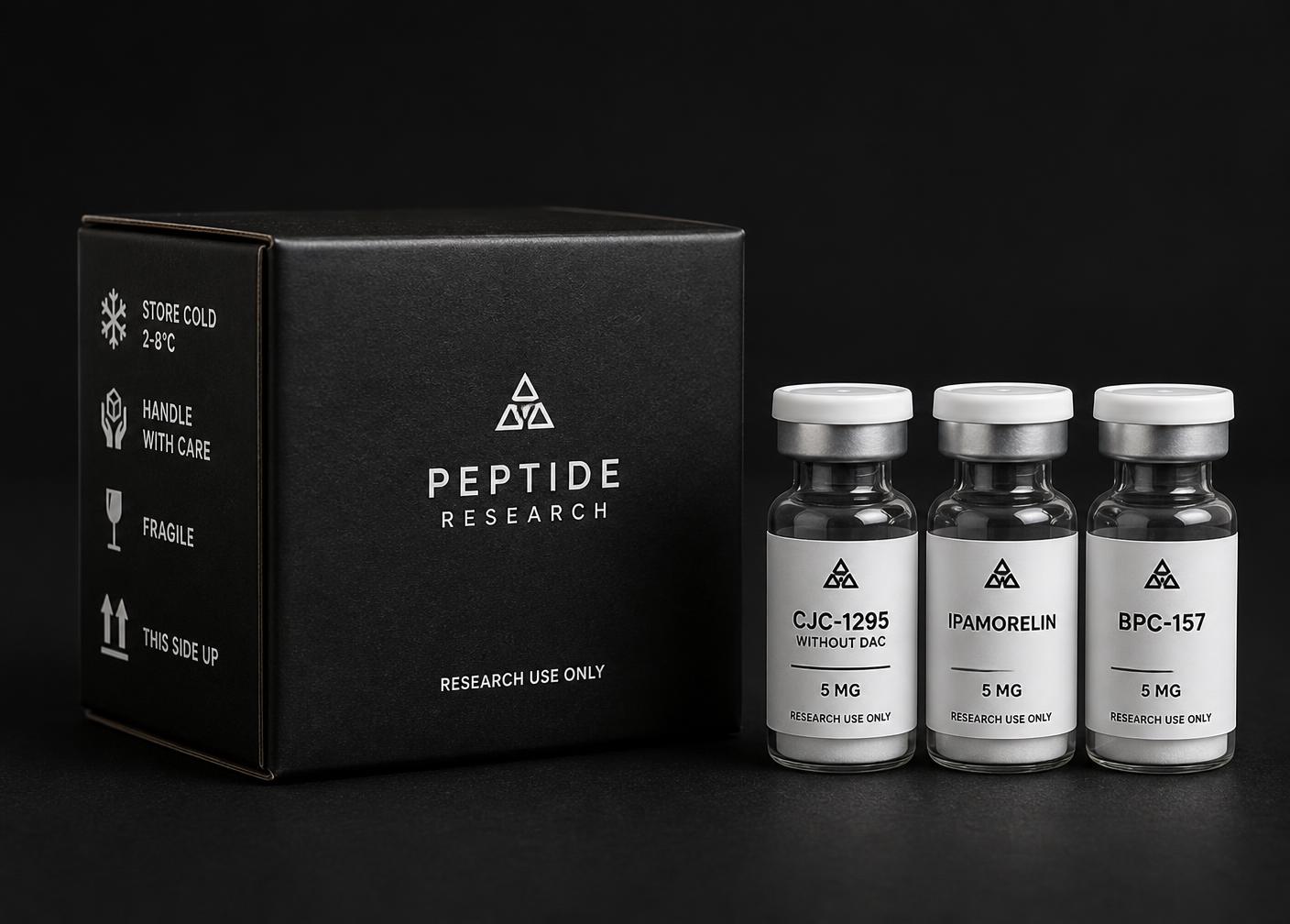 Research peptide vials beside a matte black shipping box